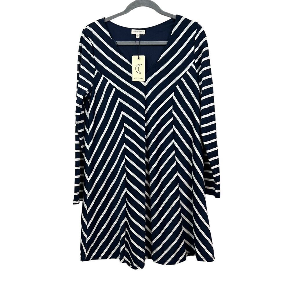 Crescent Womens Shift Dress Striped V Neck Lined Long Sleeves Blue White Size M*